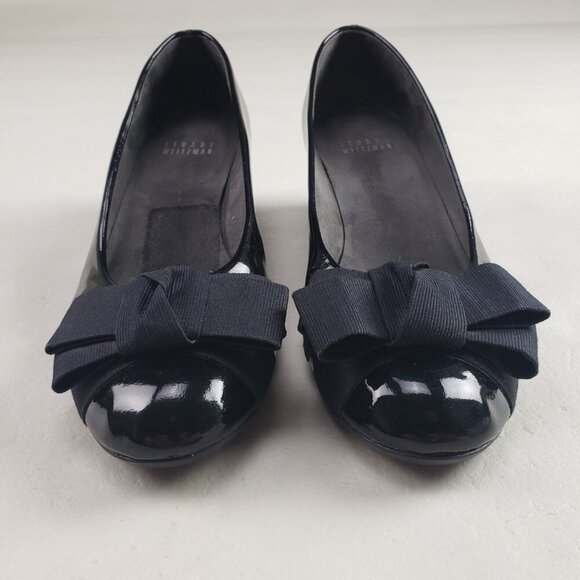 Stuart Weitzman Patent Leather Bow Pump Womens 7 Black Slip On Wedge Heel Spain - Picture 5 of 14